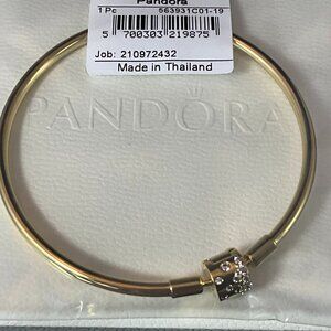 NWT Pandora 14K Gold Plated Sparkling Barrel Clasp Bangle Bracelet 7.5"/19cm